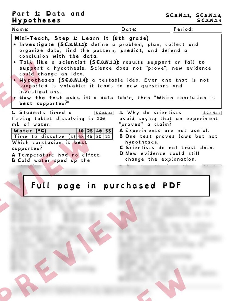 Experiments Variables and Conclusions Worksheets, Florida 8th Grade Science Test Review, SC.8.N.1.1 SC.6.N.1.1 image 2