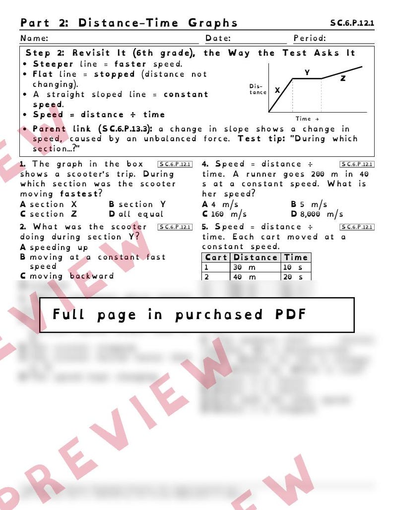 Forces and Motion Net Force and Speed Graphs Worksheets, Florida 8th Grade Science Test Review, SC.6.P.13.3 SC.6.P.12.1 image 3