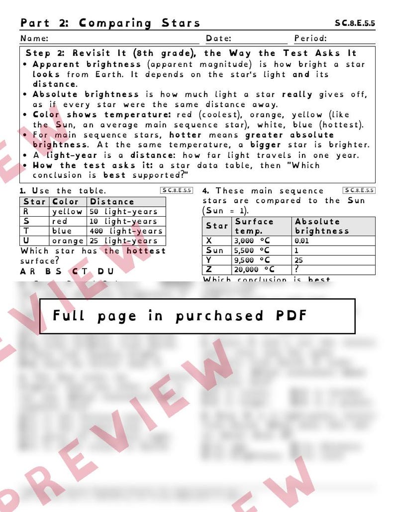 Sun Models Sunspots and Star Properties Worksheets, Florida 8th Grade Science Test Review, SC.8.E.5.6 SC.8.E.5.5 image 3