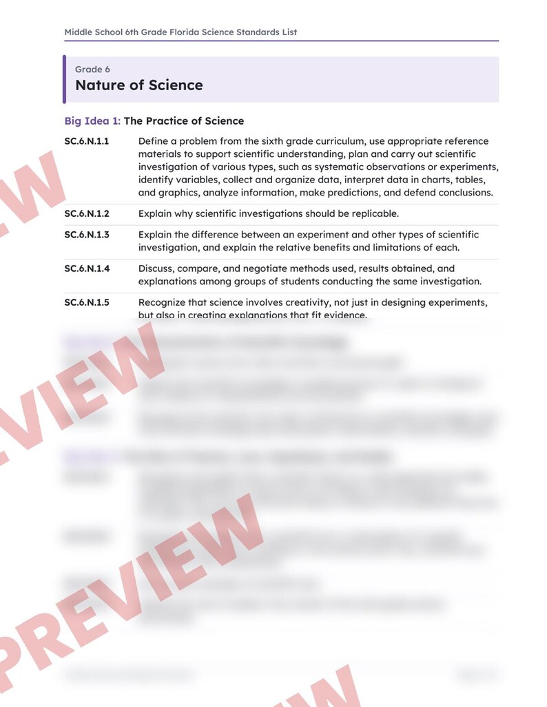 6th Grade Florida Science Standards List, Middle School NGSSS Benchmarks Printable, Lesson Planning, Teacher Binder, 6th Grade Science image 2
