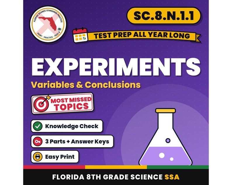 Experiments Variables and Conclusions Worksheets, Florida 8th Grade Science Test Review, SC.8.N.1.1 SC.6.N.1.1 image 1