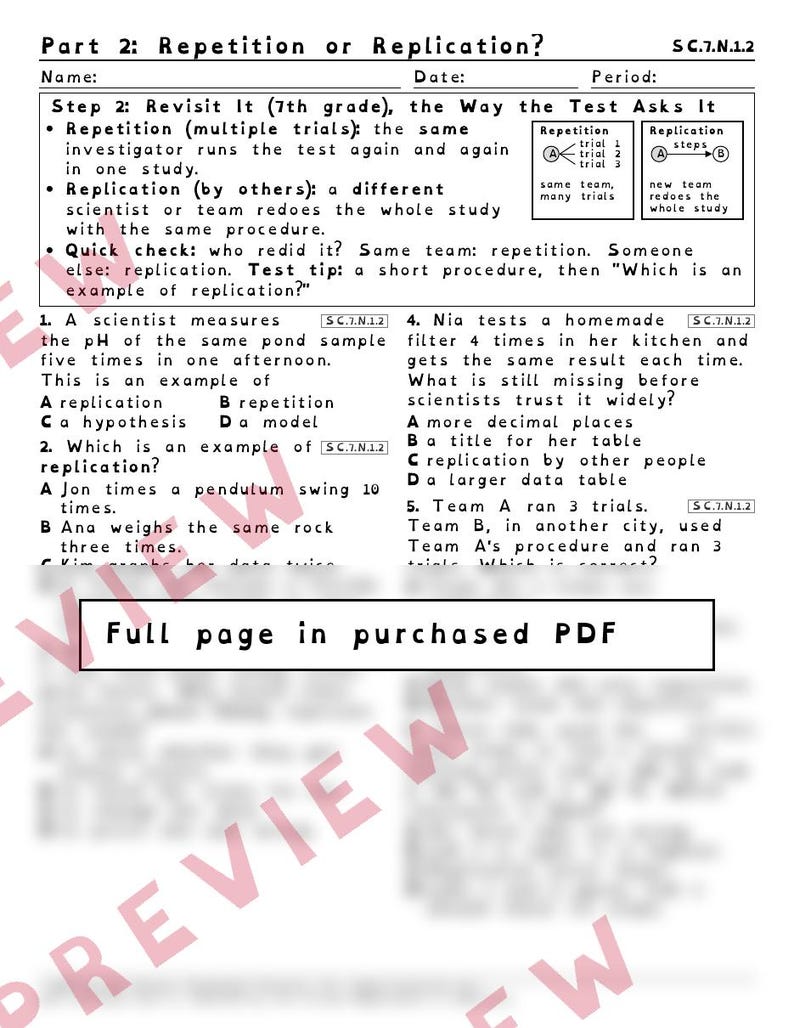 Repeated Trials and Replication Worksheets, Florida 8th Grade Science Test Review, SC.7.N.1.2 SC.6.N.1.2, Printable Middle School Science image 3