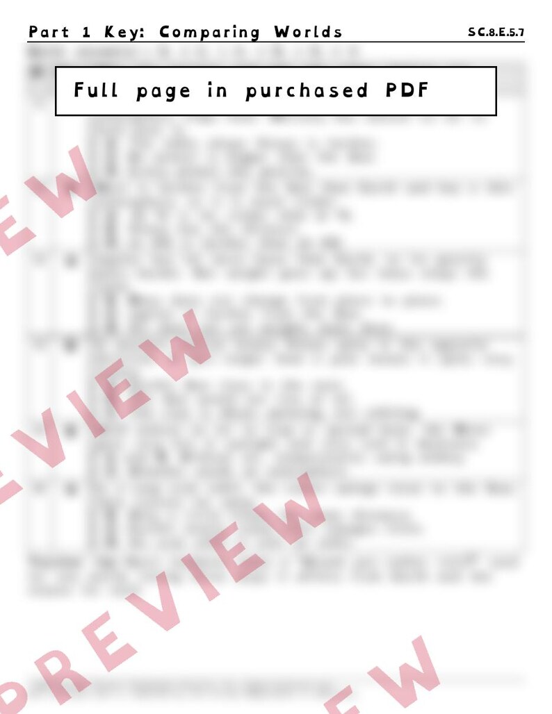 May include: A document page titled Part 1 Key: Comparing Worlds with the code SC.8.E.5.7 at the top right. A central box contains the text Full page in purchased PDF. The background features blurred text lines with a large, diagonal red watermark reading PREVIEW.