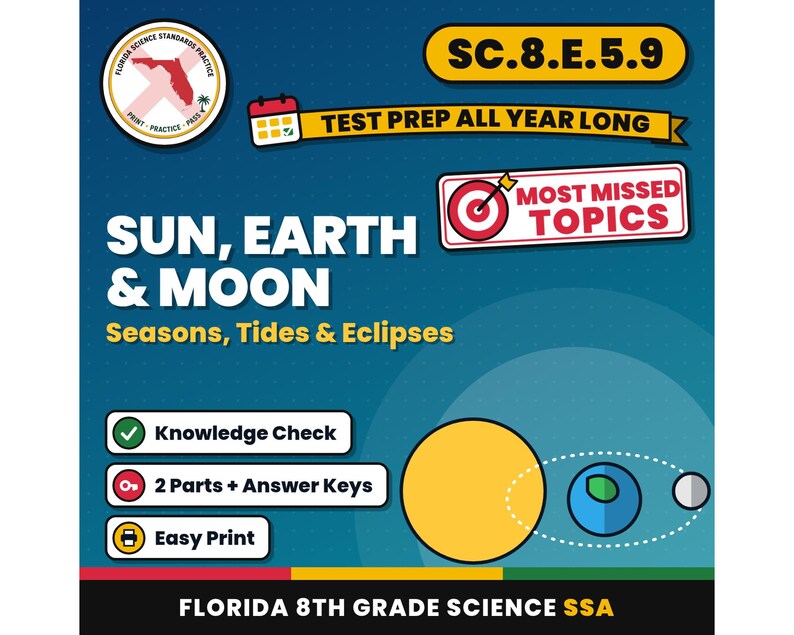 Sun, Earth and Moon Seasons, Tides and Eclipses Worksheets, Florida 8th Grade Science Test Review, SC.8.E.5.9 image 1