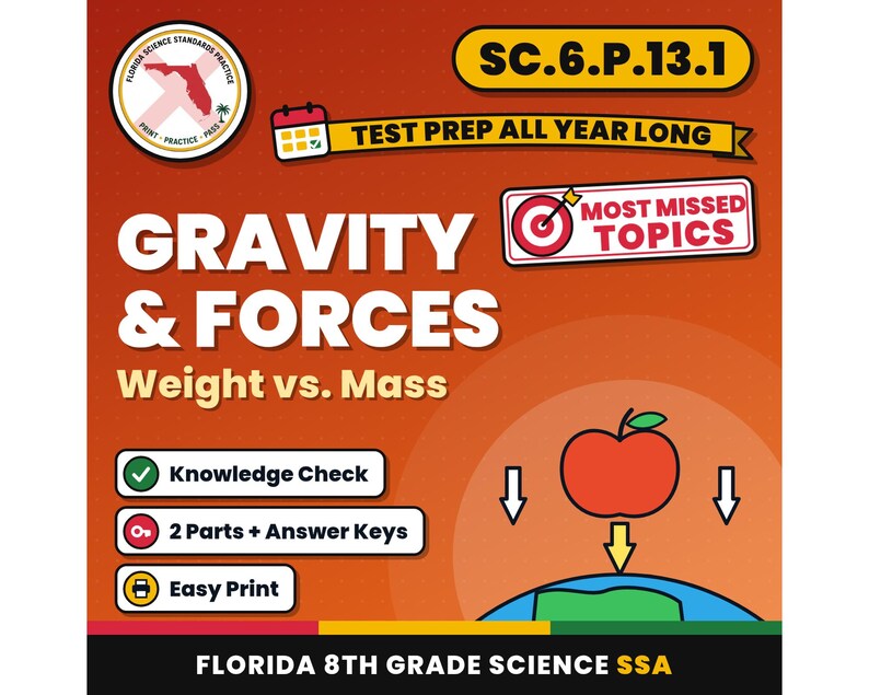 Gravity and Forces Weight vs. Mass Worksheets, Florida 8th Grade Science Test Review, SC.6.P.13.1 SC.6.P.13.2 image 1