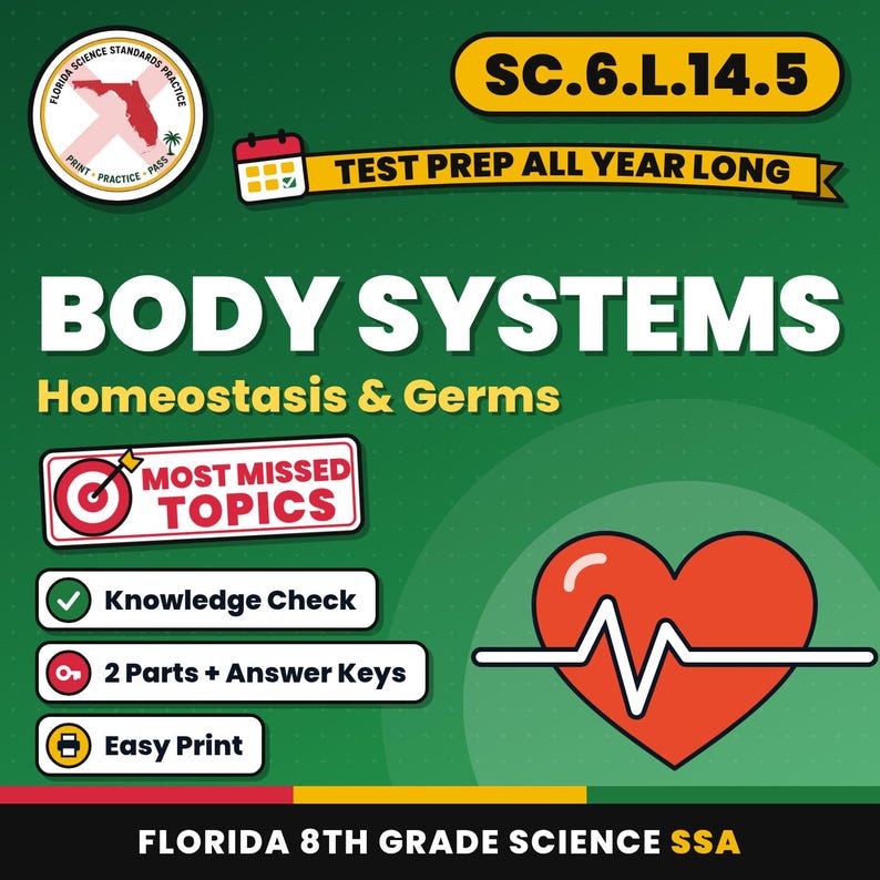 Life Science Bundle, Florida 8th Grade Science Test Review Worksheets, Grades 6-8, Printable Middle School Science, 9 Knowledge Checks image 2