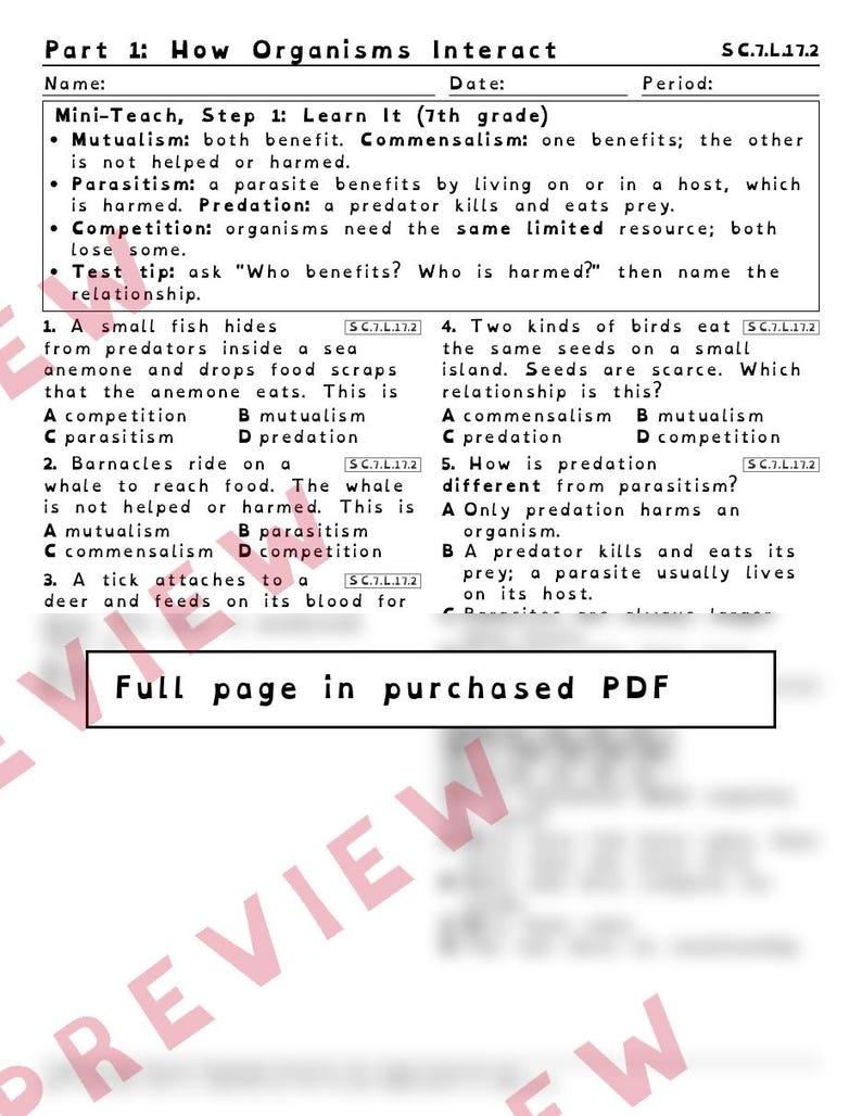 Food Webs Relationships and Limiting Factors Worksheets, Florida 8th Grade Science Test Review, SC.7.L.17.2 SC.7.L.17.1 image 2
