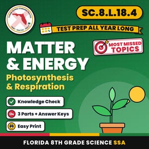 Hojas de trabajo sobre materia y energía: fotosíntesis y respiración, repaso para el examen de ciencias de 8.º grado de Florida, SC.8.L.18.4 SC.8.L.18.1 imagen 1