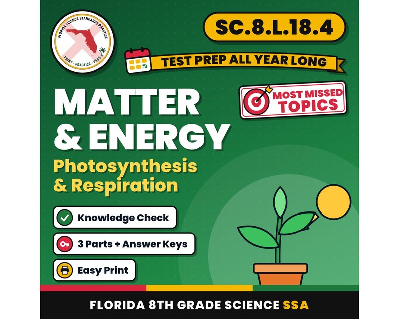 Hojas de trabajo sobre materia y energía: fotosíntesis y respiración, repaso para el examen de ciencias de 8.º grado de Florida, SC.8.L.18.4 SC.8.L.18.1 imagen 1