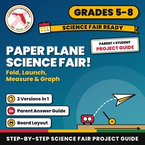 Projektguide för vetenskapsmässa med pappersflygplan | Steg-för-steg-paket för elever | Årskurs 5-8 | Test, datatabell, stapeldiagram, displaytavla