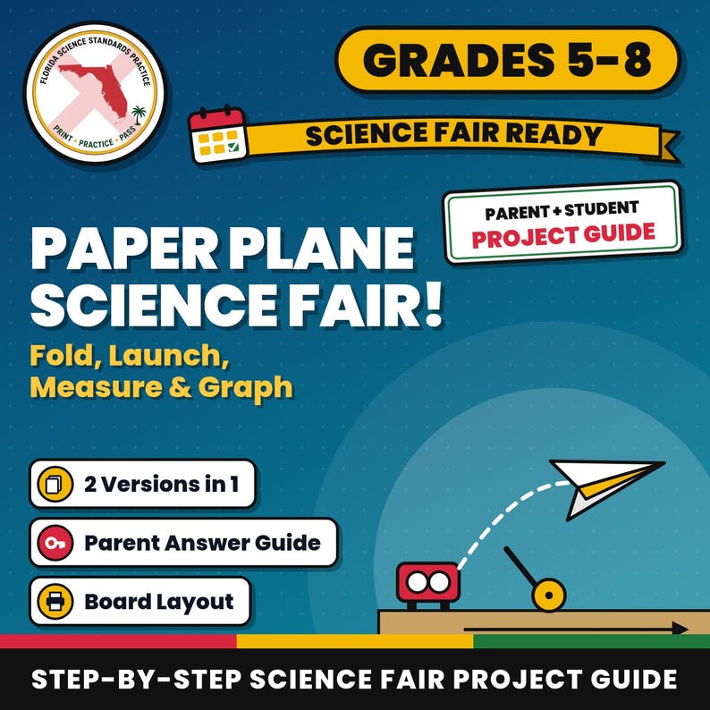 Paper Plane Science Fair Project Guide | Step by Step Student Packet | Grades 5-8 | Fair Test, Data Table, Bar Graph, Display Board image 1