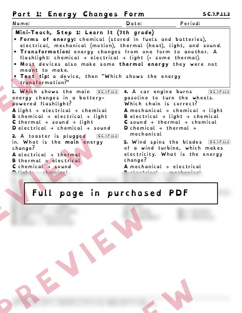 Energy Transformations and Conservation of Energy Worksheets, Florida 8th Grade Science Test Review, SC.7.P.11.2 SC.6.P.11.1 image 2