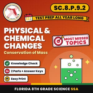 Hojas de trabajo sobre cambios físicos y químicos y conservación de la masa, repaso para el examen de ciencias de 8.º grado de Florida, SC.8.P.9.2 SC.8.P.9.1 imagen 1