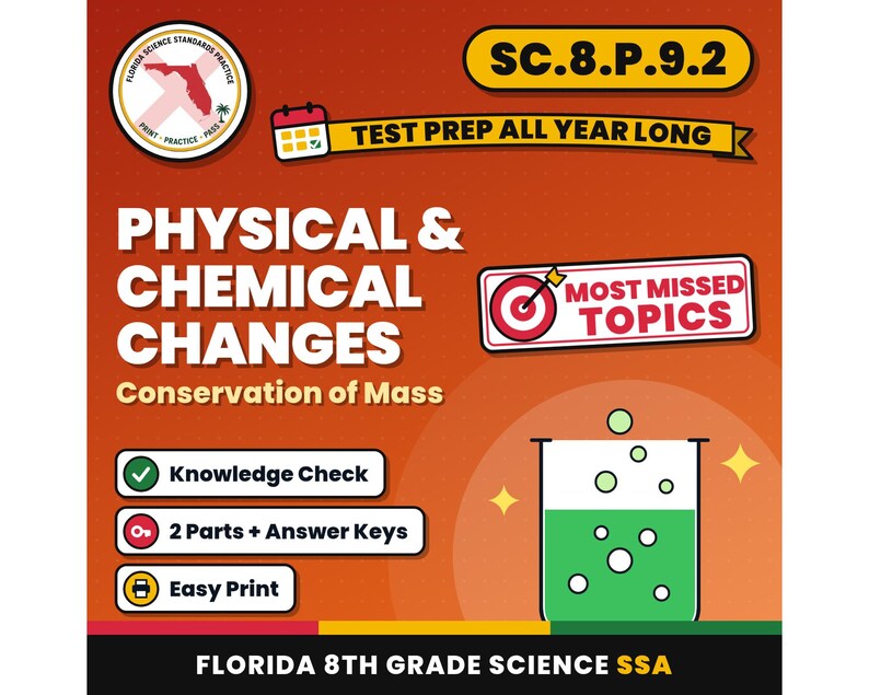 Hojas de trabajo sobre cambios físicos y químicos y conservación de la masa, repaso para el examen de ciencias de 8.º grado de Florida, SC.8.P.9.2 SC.8.P.9.1 imagen 1
