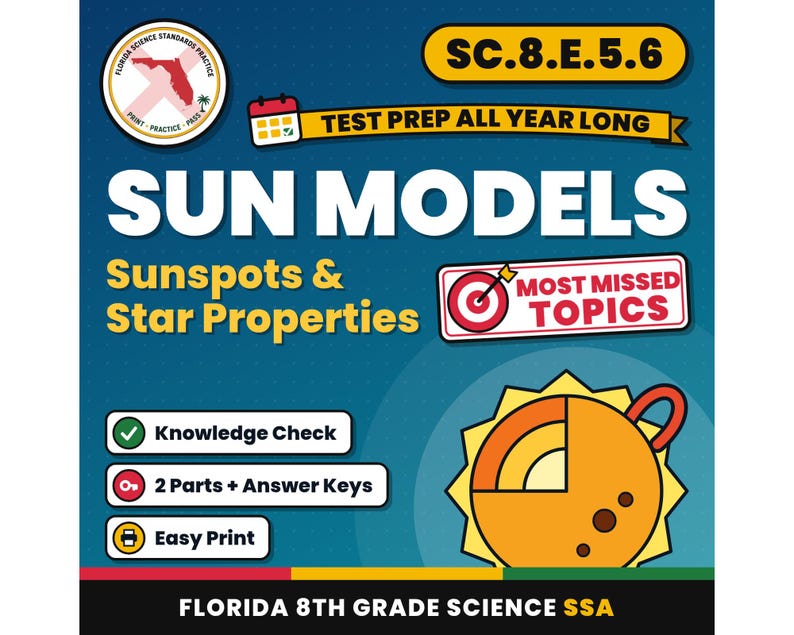 Sun Models Sunspots and Star Properties Worksheets, Florida 8th Grade Science Test Review, SC.8.E.5.6 SC.8.E.5.5 image 1