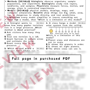 May include: A science worksheet titled Part 2: Fields and Models, featuring educational text about scientific methods and models. It includes multiple-choice questions about biology and a solar system model diagram with text stating 30 cm apart.