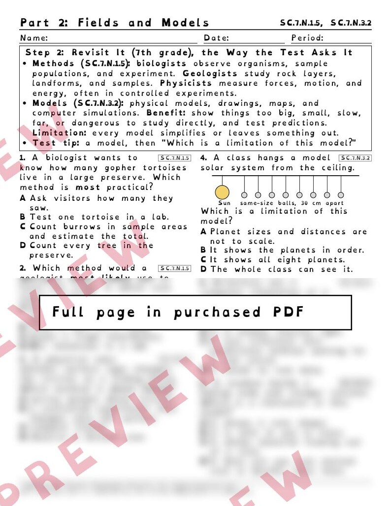 May include: A science worksheet titled Part 2: Fields and Models, featuring educational text about scientific methods and models. It includes multiple-choice questions about biology and a solar system model diagram with text stating 30 cm apart.