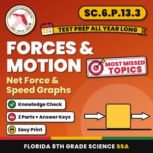 Forces and Motion Net Force and Speed Graphs Worksheets, Florida 8th Grade Science Test Review, SC.6.P.13.3 SC.6.P.12.1
