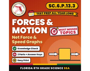 Forces and Motion Net Force and Speed Graphs Worksheets, Florida 8th Grade Science Test Review, SC.6.P.13.3 SC.6.P.12.1