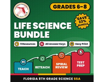 Life Science Bundle, Florida 8th Grade Science Test Review Worksheets, Grades 6-8, Printable Middle School Science, 9 Knowledge Checks