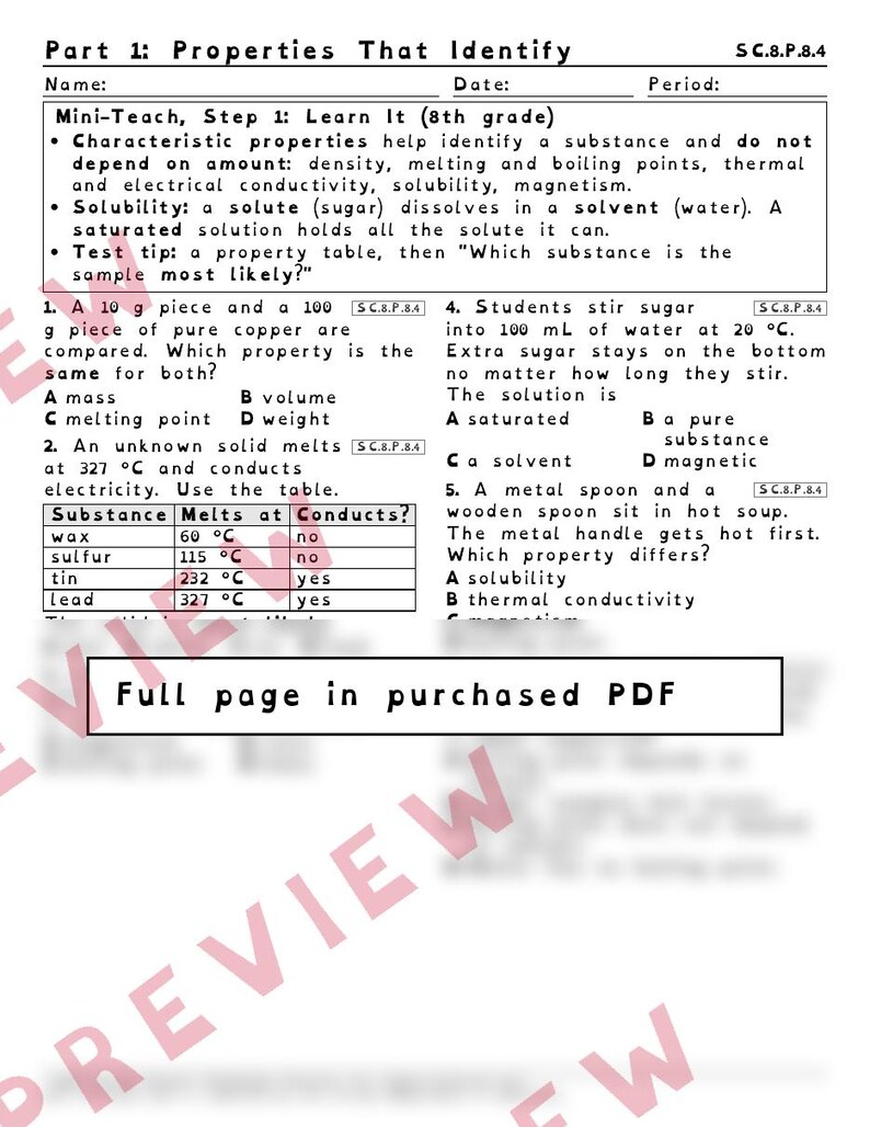 Density and Physical Properties Worksheets, Florida 8th Grade Science Test Review, SC.8.P.8.4 SC.8.P.8.3, Printable Middle School Science image 2