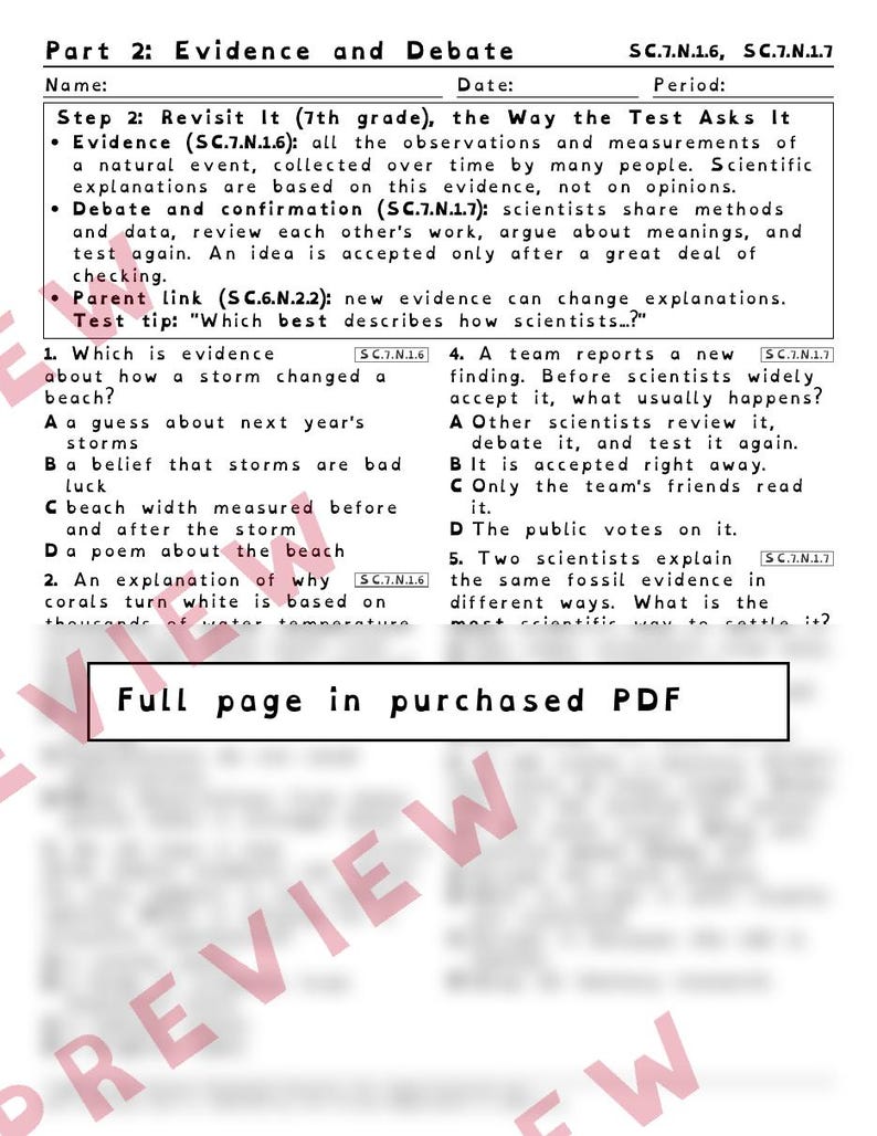 Werkbladen over hoe wetenschap bewijs en redenering verandert, Florida 8e klas wetenschapstoets review, SC.6.N.2.2 SC.7.N.1.6 afbeelding 3