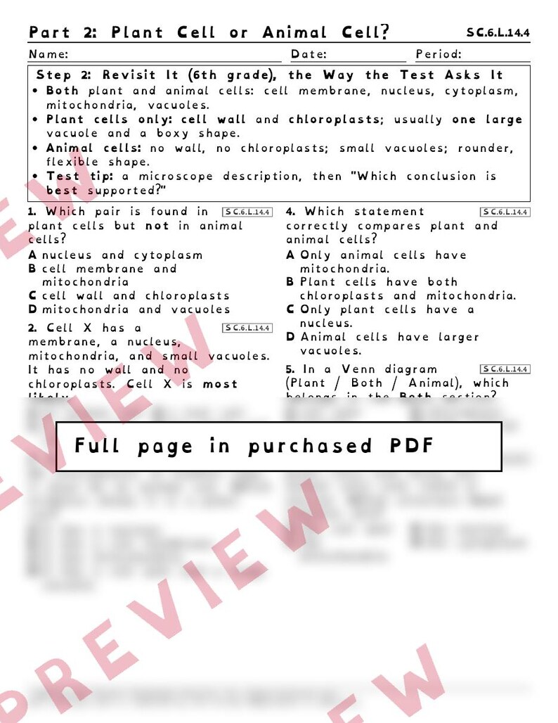 Växt- och djurcellers organeller och deras funktioner Arbetsblad, Floridas repetitionsprov i naturvetenskap för årskurs 8, SC.6.L.14.4 bild 3