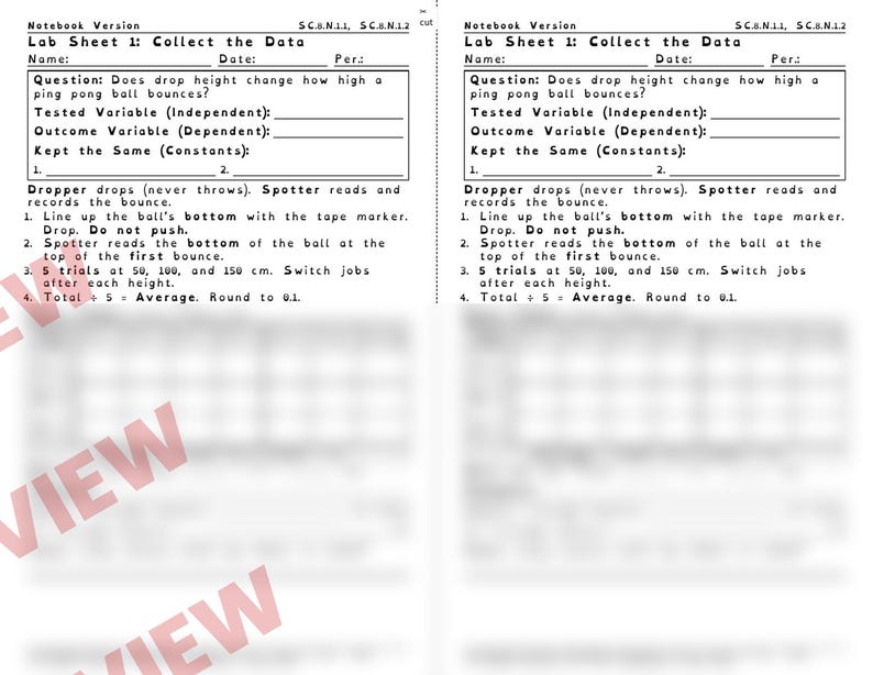 Ping Pong Drop Lab, Energy, Averages and Graphing, Low Prep STEM Lab Worksheets, Florida 8th Grade Science, Middle School Printable image 4