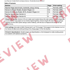 May include: A black and white educational document titled Florida Science Standards Practice Solar System Scale Model Lab. It includes a table of contents, instructions for two lab versions, print settings, and a note about the OpenDyslexic font.