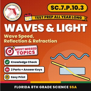 May include: Educational graphic for Florida 8th Grade Science SSA featuring the text SC.7.P.10.3, WAVES & LIGHT, Wave Speed, Reflection & Refraction, and MOST MISSED TOPICS. Includes icons for a knowledge check, answer keys, and easy print options.