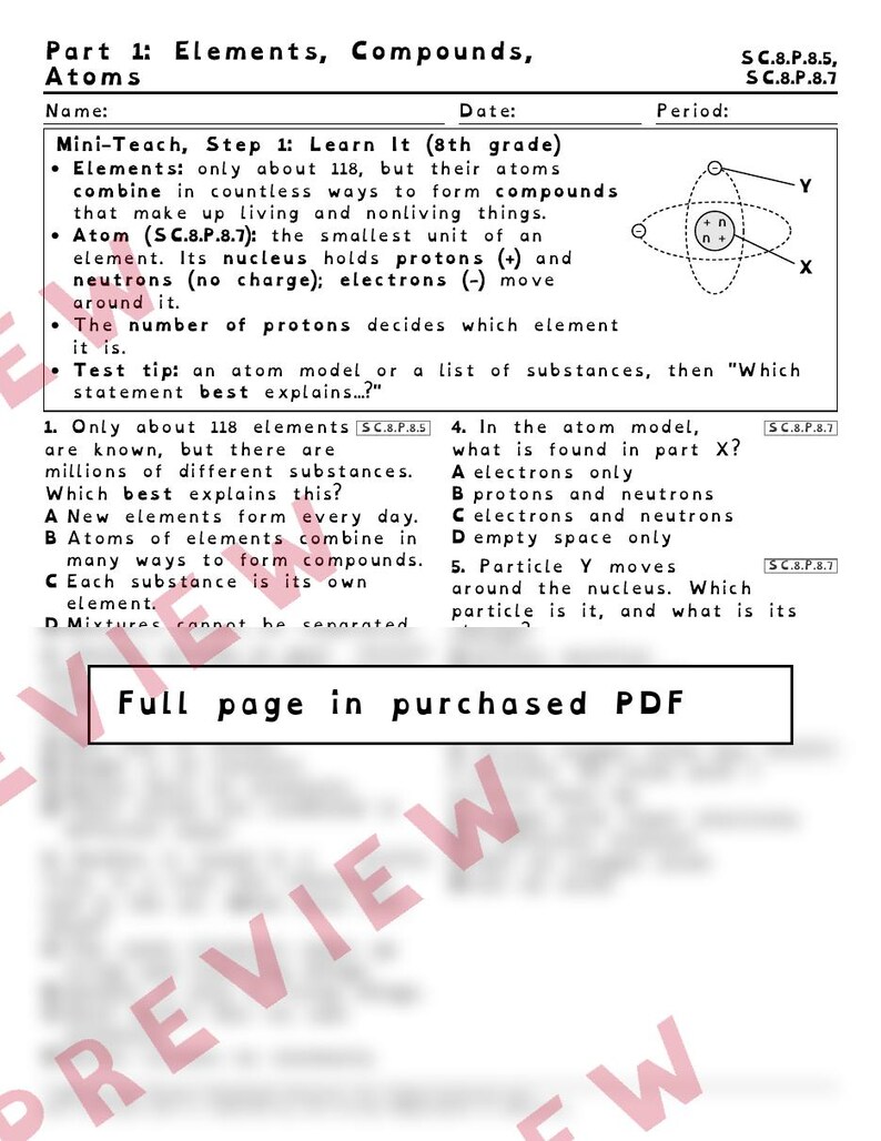 Atoms and Elements Compounds and Mixtures Worksheets, Florida 8th Grade Science Test Review, SC.8.P.8.5 SC.8.P.8.1 image 2