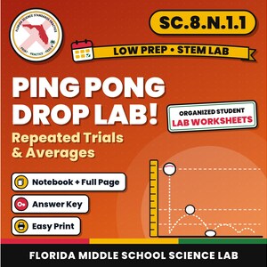 May include: An educational resource graphic for a Ping Pong Drop Lab featuring the text SC.8.N.1.1, Low Prep STEM Lab, and Repeated Trials & Averages. It includes icons for a notebook, answer key, and printer, plus a diagram of a bouncing ball.