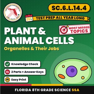 Växt- och djurcellers organeller och deras funktioner Arbetsblad, Floridas repetitionsprov i naturvetenskap för årskurs 8, SC.6.L.14.4 bild 1