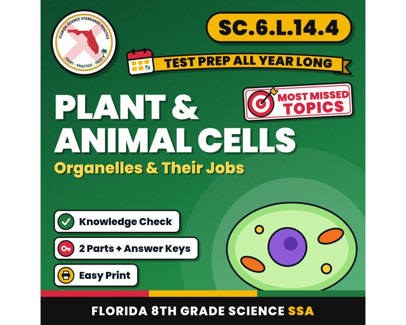 Växt- och djurcellers organeller och deras funktioner Arbetsblad, Floridas repetitionsprov i naturvetenskap för årskurs 8, SC.6.L.14.4 bild 1
