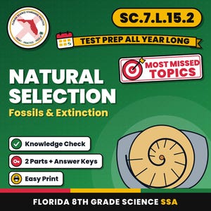 Natural Selection Fossils and Extinction Worksheets, Florida 8th Grade Science Test Review, SC.7.L.15.2 SC.7.L.15.1 image 1
