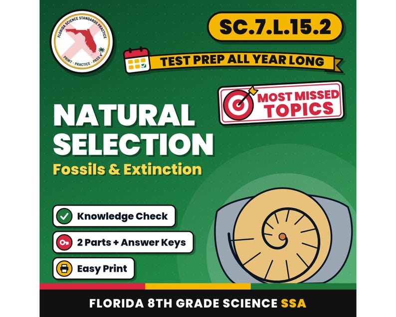 Natural Selection Fossils and Extinction Worksheets, Florida 8th Grade Science Test Review, SC.7.L.15.2 SC.7.L.15.1 image 1
