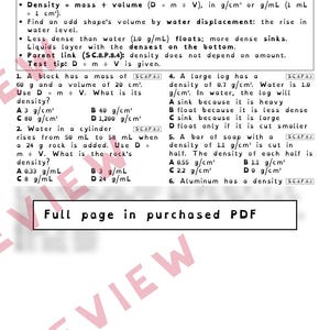 Density and Physical Properties Worksheets, Florida 8th Grade Science Test Review, SC.8.P.8.4 SC.8.P.8.3, Printable Middle School Science image 3