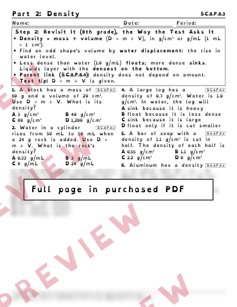 Density and Physical Properties Worksheets, Florida 8th Grade Science Test Review, SC.8.P.8.4 SC.8.P.8.3, Printable Middle School Science image 3