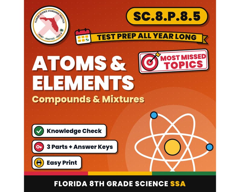 Atoms and Elements Compounds and Mixtures Worksheets, Florida 8th Grade Science Test Review, SC.8.P.8.5 SC.8.P.8.1 image 1