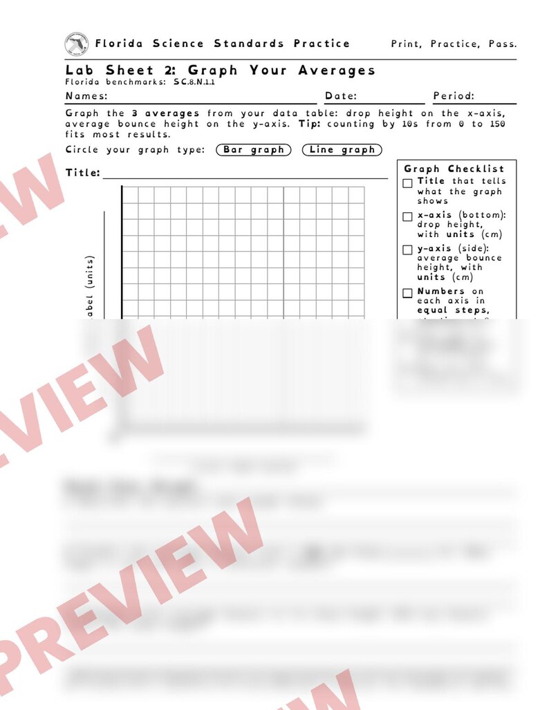 Ping Pong Drop Lab, Energy, Averages and Graphing, Low Prep STEM Lab Worksheets, Florida 8th Grade Science, Middle School Printable image 3