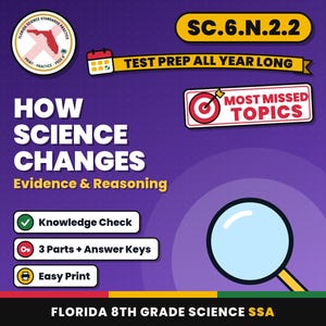 Werkbladen over hoe wetenschap bewijs en redenering verandert, Florida 8e klas wetenschapstoets review, SC.6.N.2.2 SC.7.N.1.6 afbeelding 1