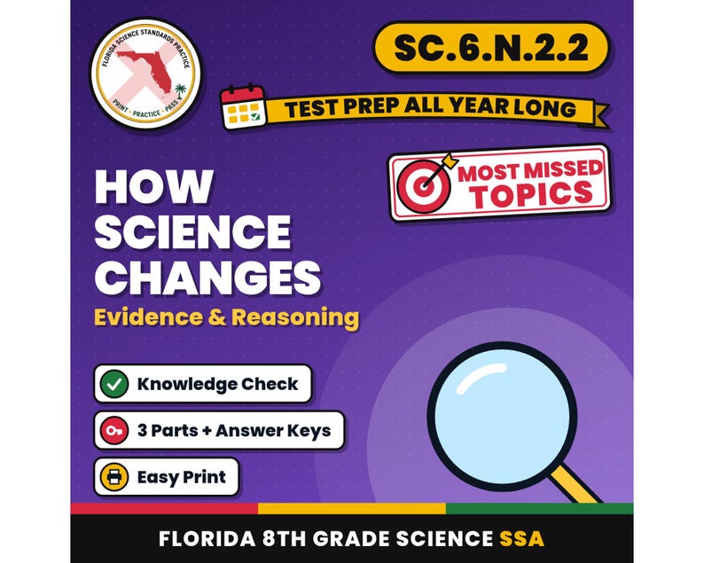 Werkbladen over hoe wetenschap bewijs en redenering verandert, Florida 8e klas wetenschapstoets review, SC.6.N.2.2 SC.7.N.1.6 afbeelding 1