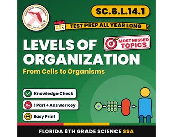 Levels of Organization From Cells to Organisms Worksheets, Florida 8th Grade Science Test Review, SC.6.L.14.1