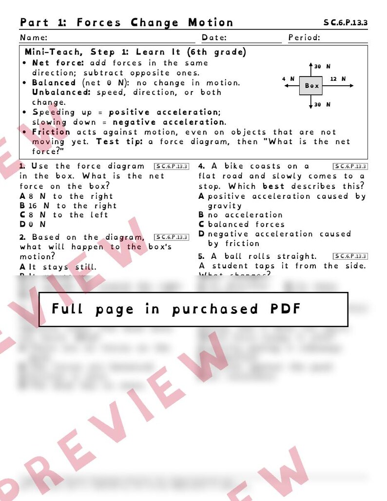 Forces and Motion Net Force and Speed Graphs Worksheets, Florida 8th Grade Science Test Review, SC.6.P.13.3 SC.6.P.12.1 image 2