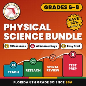 Paket med fysik, repetitionsblad för naturvetenskapsprov i Florida för årskurs 8, årskurs 6-8, utskrivbara naturvetenskapliga prov för mellanstadiet, 9 kunskapskontroller