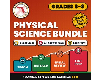 Physical Science Bundle, Florida 8th Grade Science Test Review Worksheets, Grades 6-8, Printable Middle School Science, 9 Knowledge Checks