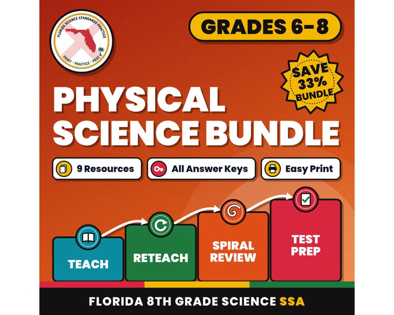 Physical Science Bundle, Florida 8th Grade Science Test Review Worksheets, Grades 6-8, Printable Middle School Science, 9 Knowledge Checks image 1