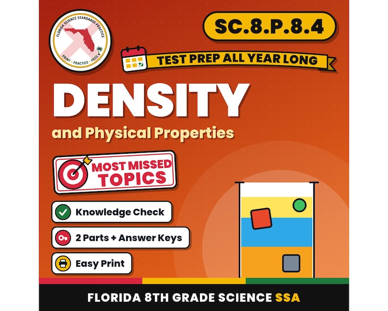 Density and Physical Properties Worksheets, Florida 8th Grade Science Test Review, SC.8.P.8.4 SC.8.P.8.3, Printable Middle School Science image 1