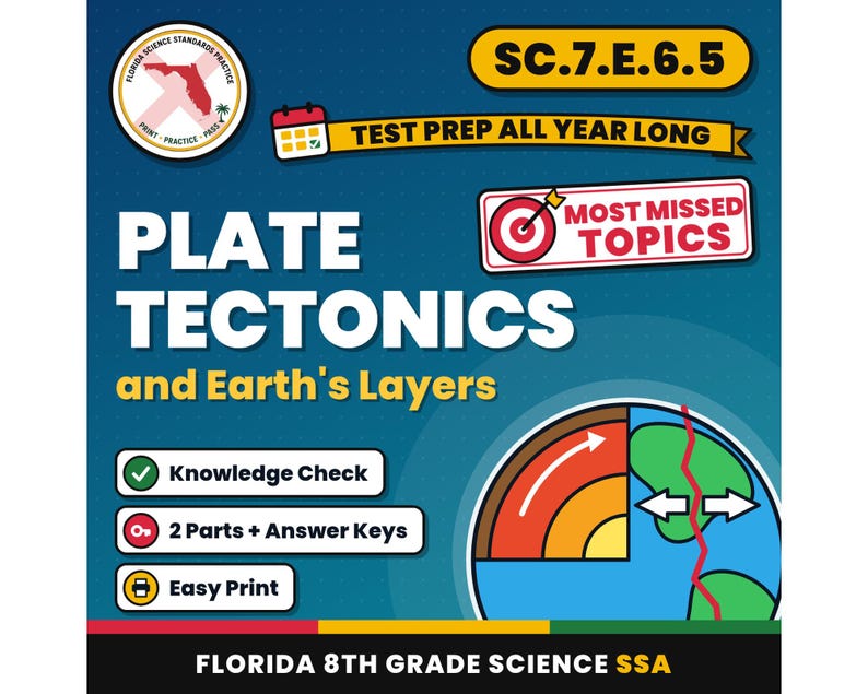 Plate Tectonics and Earth's Layers Worksheets, Florida 8th Grade Science Test Review, SC.7.E.6.5 SC.7.E.6.1, Printable Middle School Science image 1