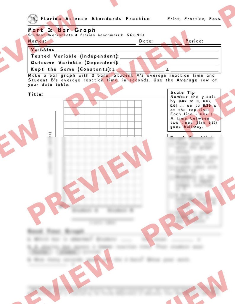 Ruler Drop Reaction Time Lab, Bar Graph, Variables, Low Prep STEM Lab Worksheets, Florida 8th Grade Science, Middle School Printable image 4
